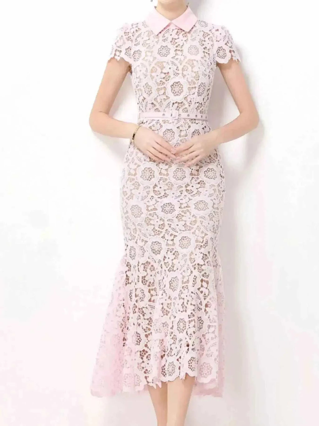 Lace Short Sleeve Midi Dress in light pink with floral lace pattern, short sleeves, and a fitted collar