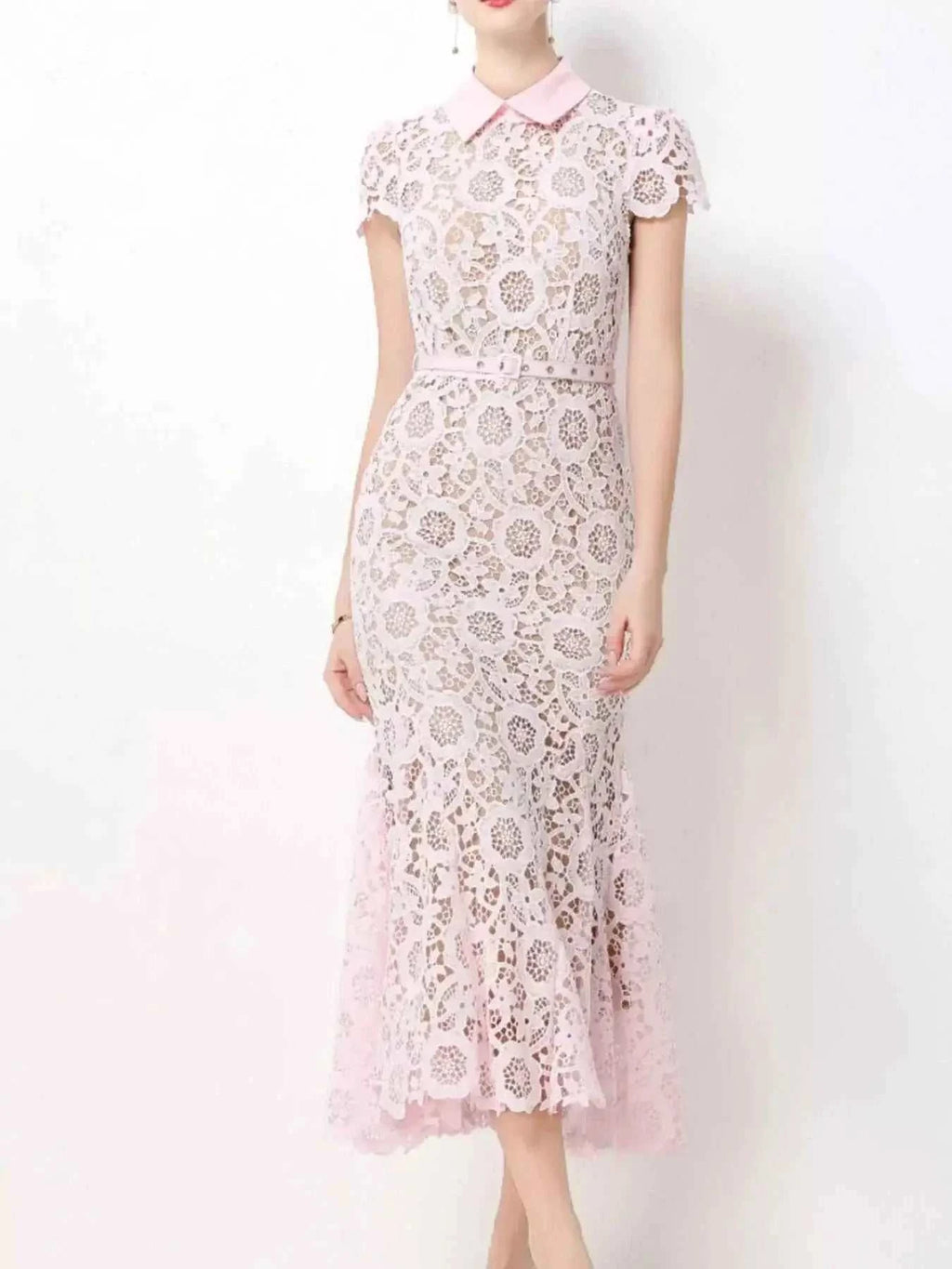 Lace Short Sleeve Midi Dress in pale pink featuring floral lace pattern, short sleeves, collar, and fitted silhouette