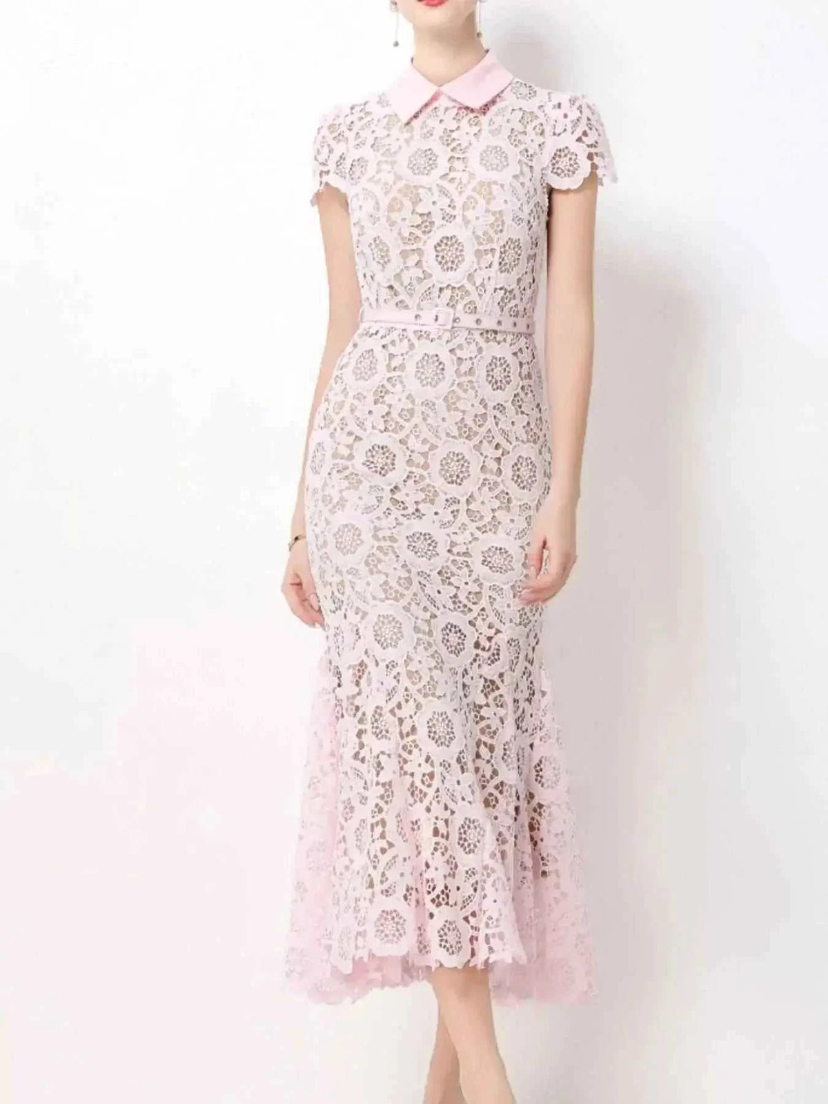Lace Short Sleeve Midi Dress in pale pink featuring floral lace pattern, short sleeves, collar, and fitted silhouette