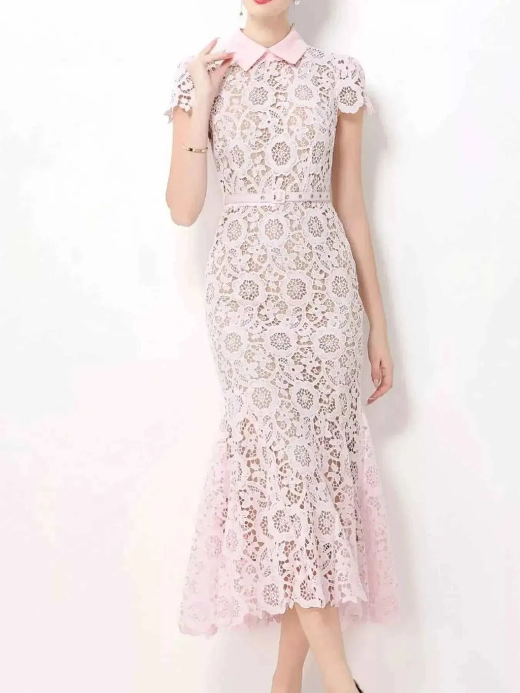Lace Short Sleeve Midi Dress in pale pink with floral lace pattern, scalloped sleeves, fitted waist, and a collared neckline
