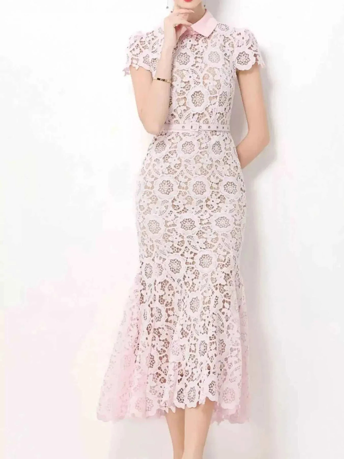 Lace Short Sleeve Midi Dress in light pink with floral lace pattern, short sleeves, collared neckline, and fitted silhouette