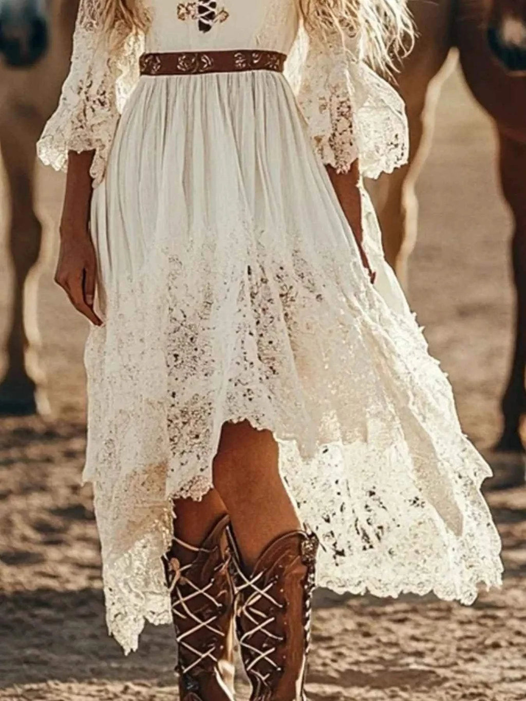 Lace Trimmed High-Low Dress in cream with intricate lace detailing, high-low hem, and brown waist belt accents