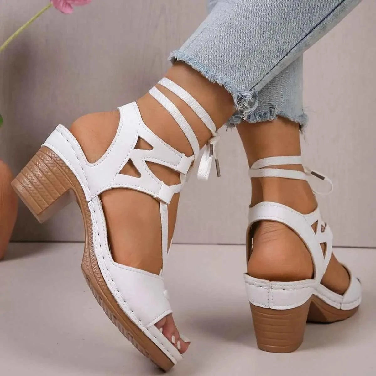 Lace-Up Block Heel Sandals in white PU leather with wrap-around ankle straps and tan chunky mid-height rubber heels.