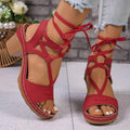 Lace-Up Block Heel Sandals in red PU leather with mid-height block heels and wrap-around ankle straps tied in bows