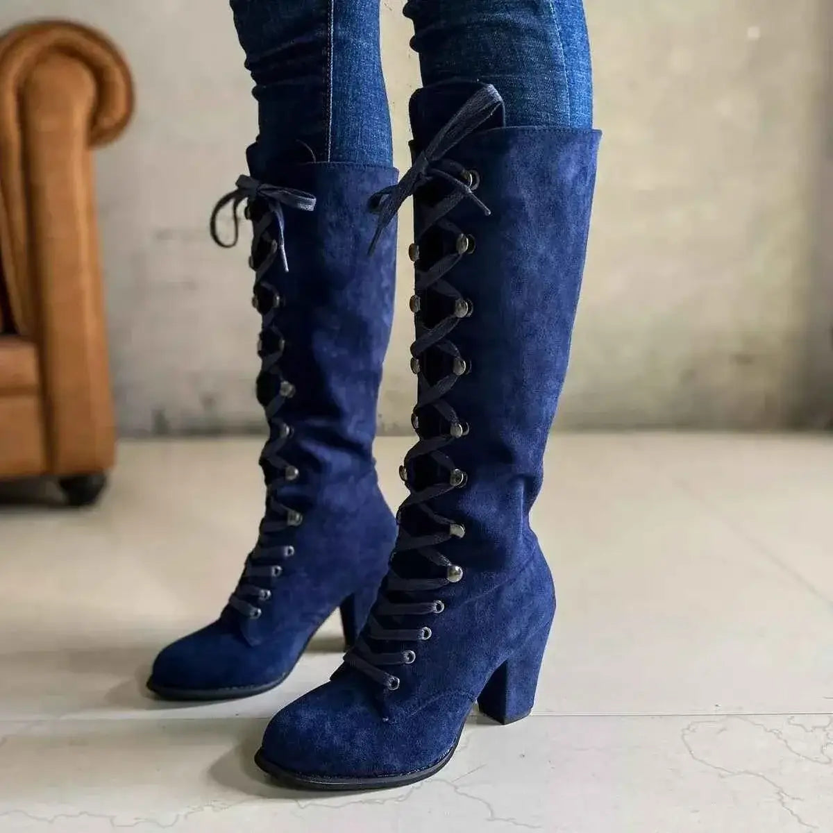 Lace Up Block Heels knee-high boots in navy blue suede with front laces and chunky heels.
