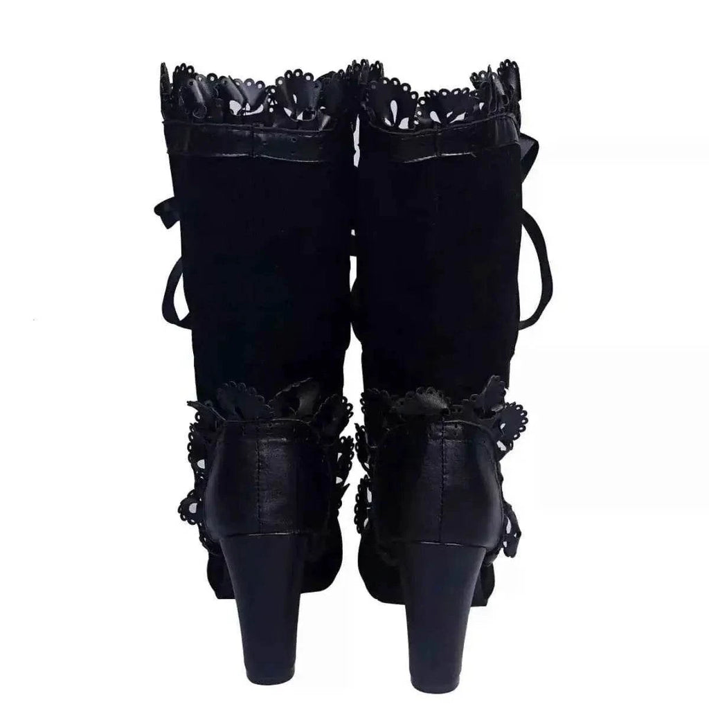 Lace Up Block Heels Boots in black suede and leather with scalloped lace detailing and high block heels.