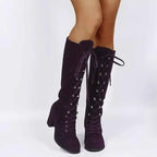 Lace Up Block Heels boots in dark purple suede with front lace-up detail and high block heel design