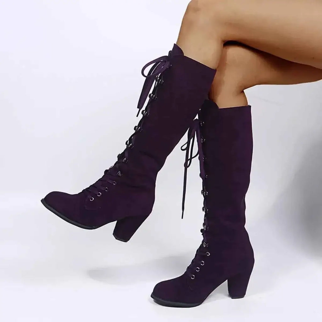 Lace Up Block Heels boots in deep purple suede with front lacing and mid-calf height on chunky heels