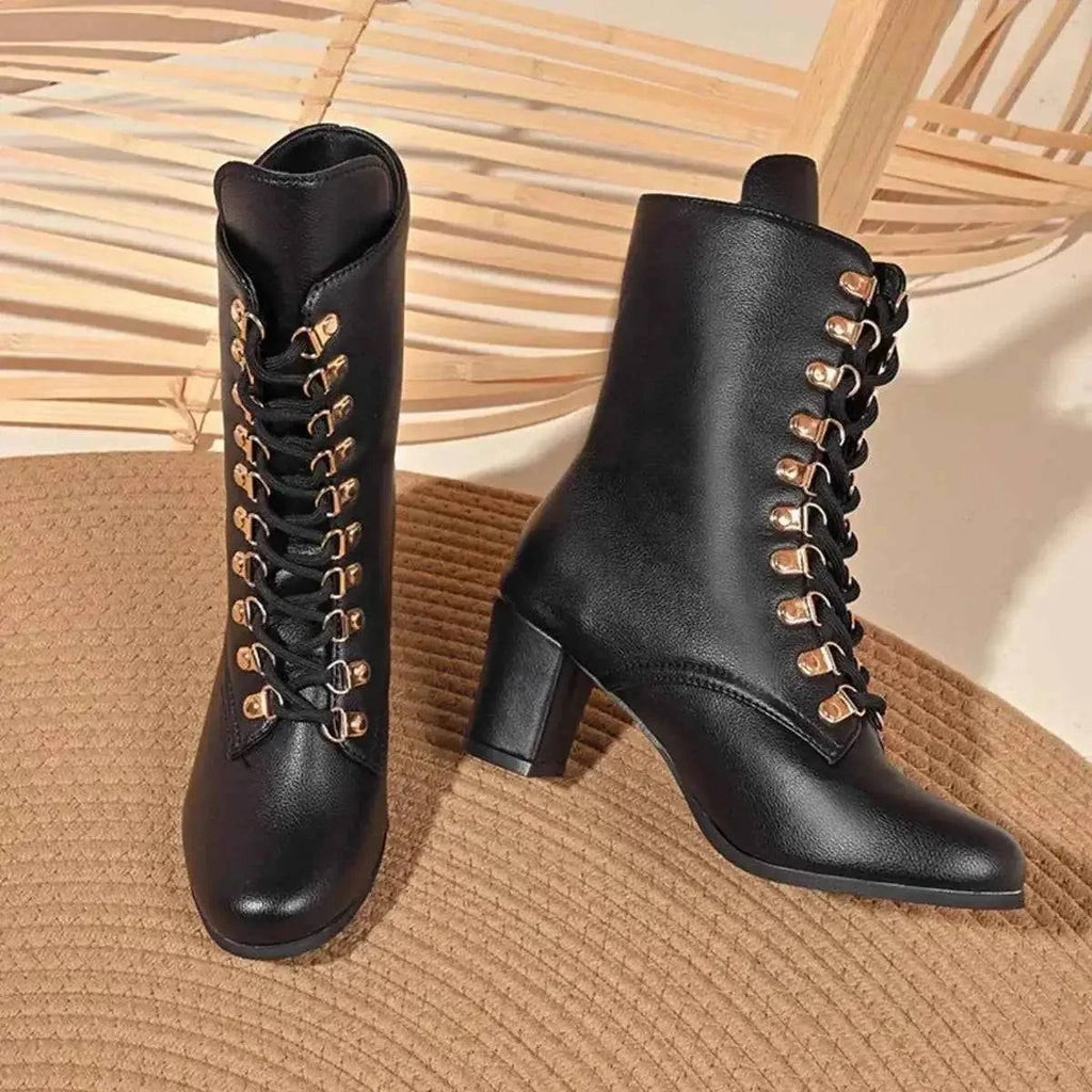 Black PU leather Lace-Up Boots with mid block heel, gold-tone eyelets, and rubber sole for a sleek look.