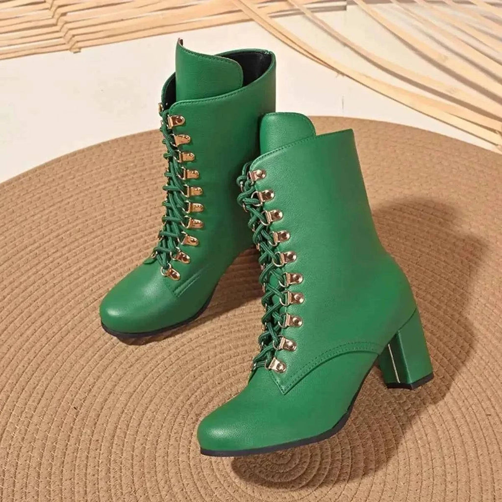 Green PU leather Lace-Up Boots with gold eyelets and block mid heels, featuring a side zipper closure.
