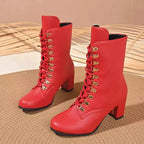 Red PU leather Lace-Up Boots featuring gold eyelets, mid block heels, and round toes for a stylish look.
