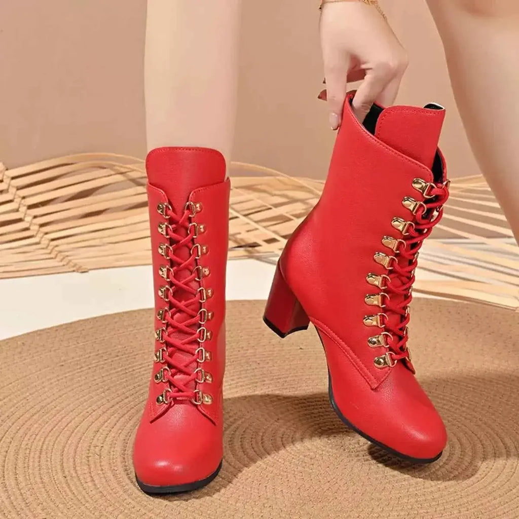 Lace-Up Boots in red PU leather with gold eyelets, block mid heel, and lace-up front design