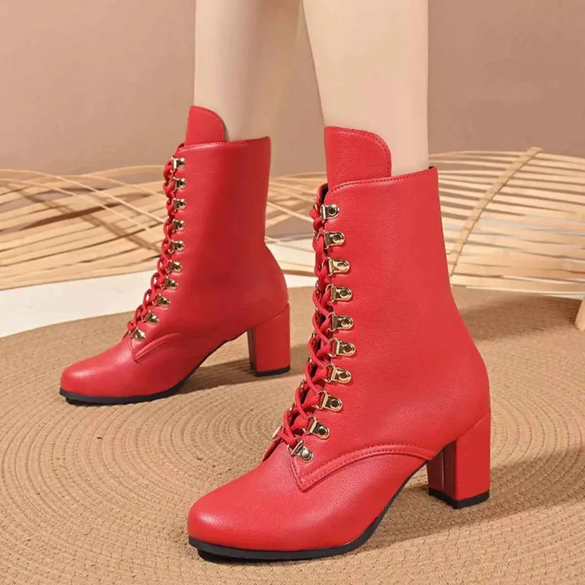 Lace-Up Boots in bright red PU leather with mid block heels and gold-tone eyelets for lacing detail