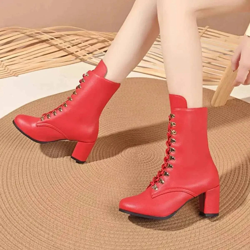 Lace-Up Boots in bright red PU leather with block mid heels and gold eyelets, featuring a sleek pointed toe design.
