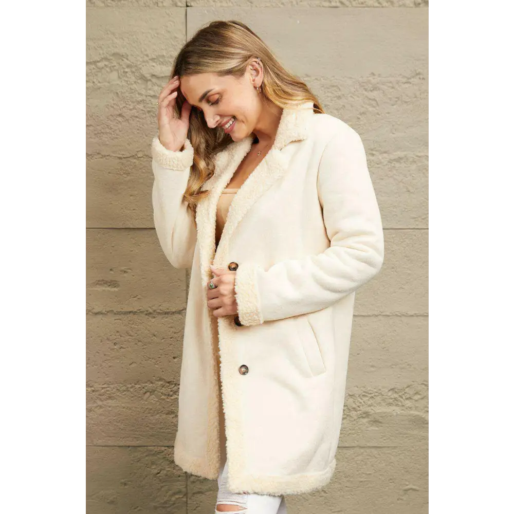 Experience ultimate comfort with the longline teddy coat in luxury fashion $54 pocketed, buttoned for ultimate utility