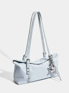 Leather Shoulder Bag in light blue PU leather with a medium size, silver star charm, and adjustable shoulder strap