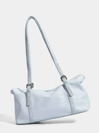 Leather Shoulder Bag in white PU leather with medium size and adjustable strap featuring silver buckles