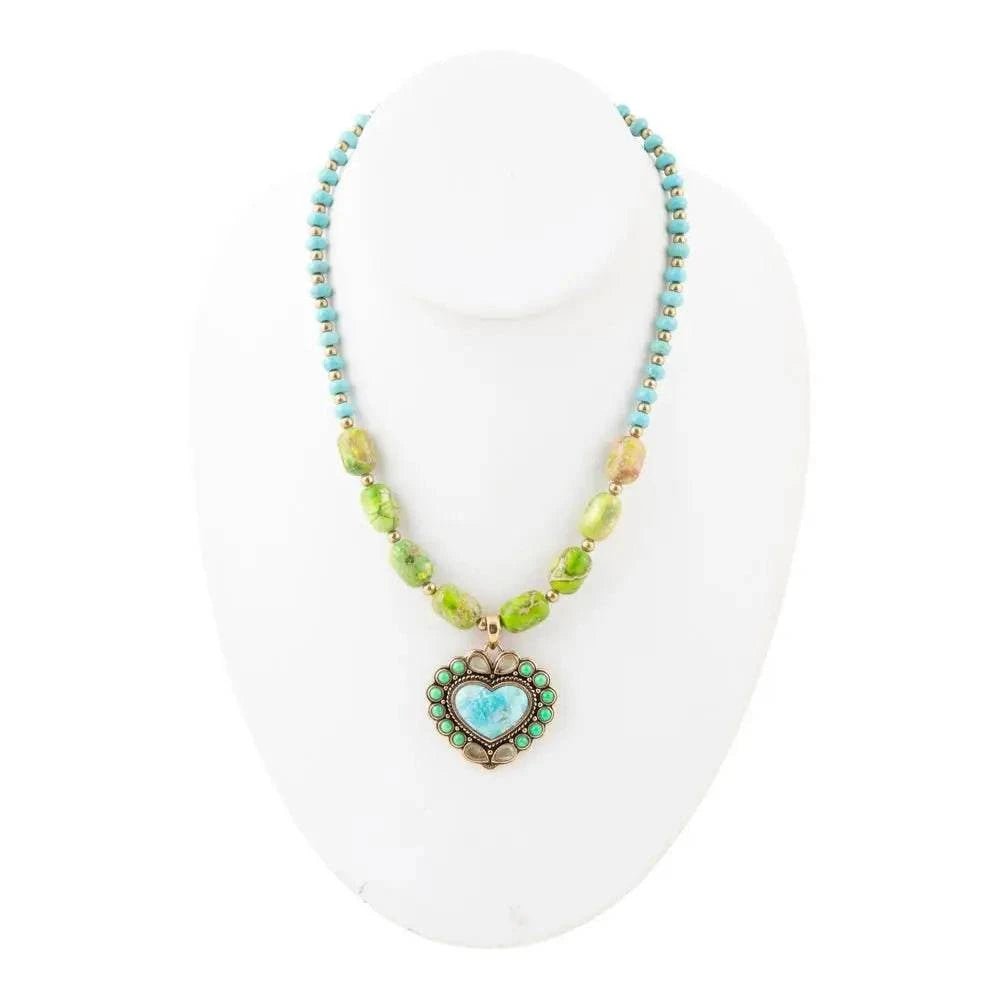 Legacy Heart Lime Green and Blue Turquoise Golden Pendant Necklace - Maven Couture IncNecklace