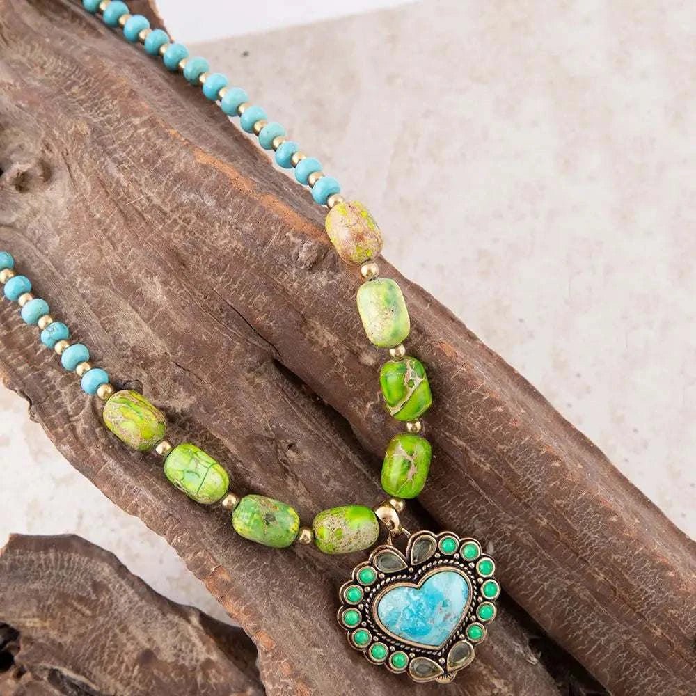 Legacy Heart Lime Green and Blue Turquoise Golden Pendant Necklace - Maven Couture IncNecklace