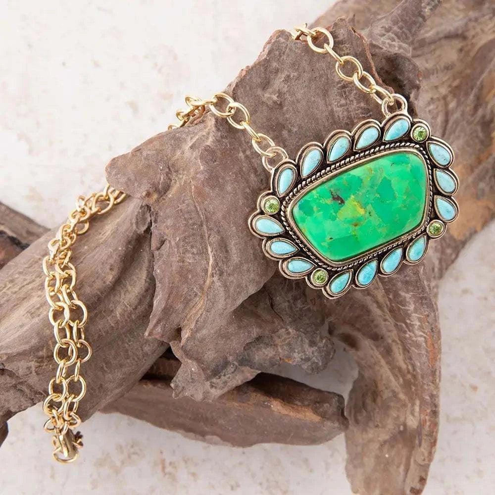 Legacy Lime Green and Blue Turquoise Golden Pendant Necklace - Maven Couture IncNecklaces