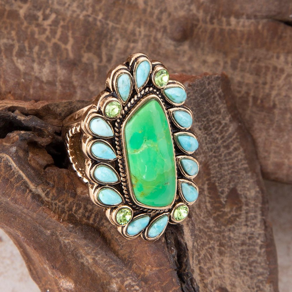 Legacy Lime Green and Blue Turquoise Golden Statement Ring - Maven Couture IncRings