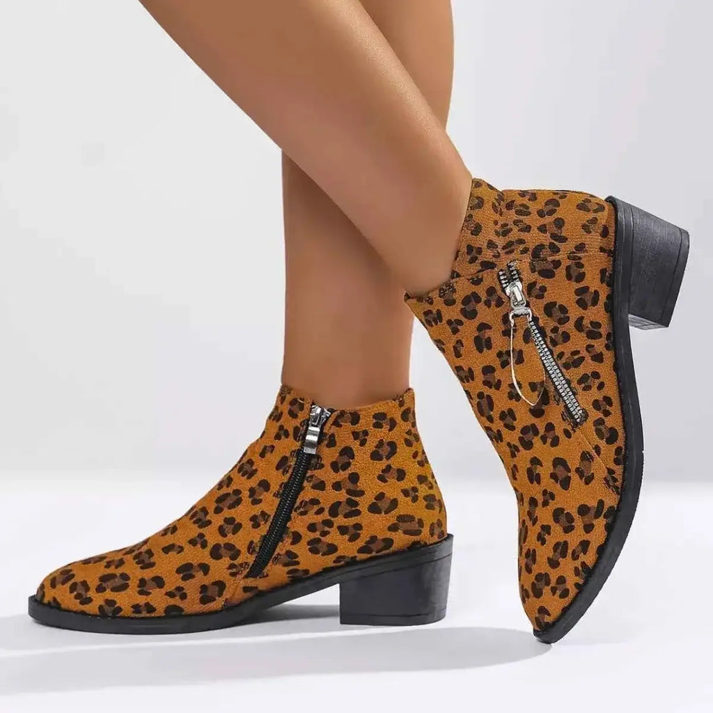 Leopard Block Heel ankle boots in brown suede with black leopard print and side silver zippers on mid block heels