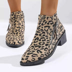 Leopard Block Heel ankle boots in beige suede with black leopard print, side zipper, and mid-height block heel