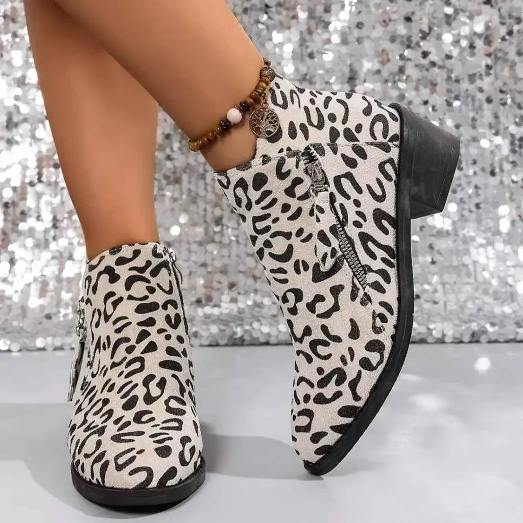 Leopard Block Heel ankle boots in black and white suede with a bold animal print pattern and medium block heels