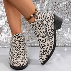 Leopard Block Heel ankle boots in black and white suede with a bold animal print pattern and medium block heels