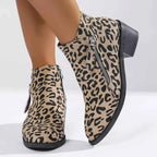 Leopard Block Heel ankle boots in beige and black suede with side zipper and sturdy mid-height block heel