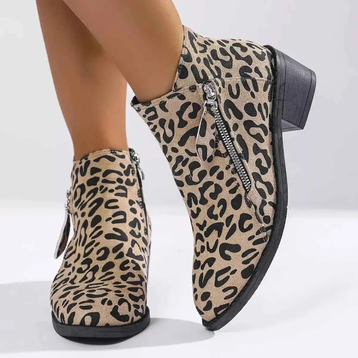 Leopard Block Heel ankle boots in beige and black suede with side zipper and sturdy mid-height block heel