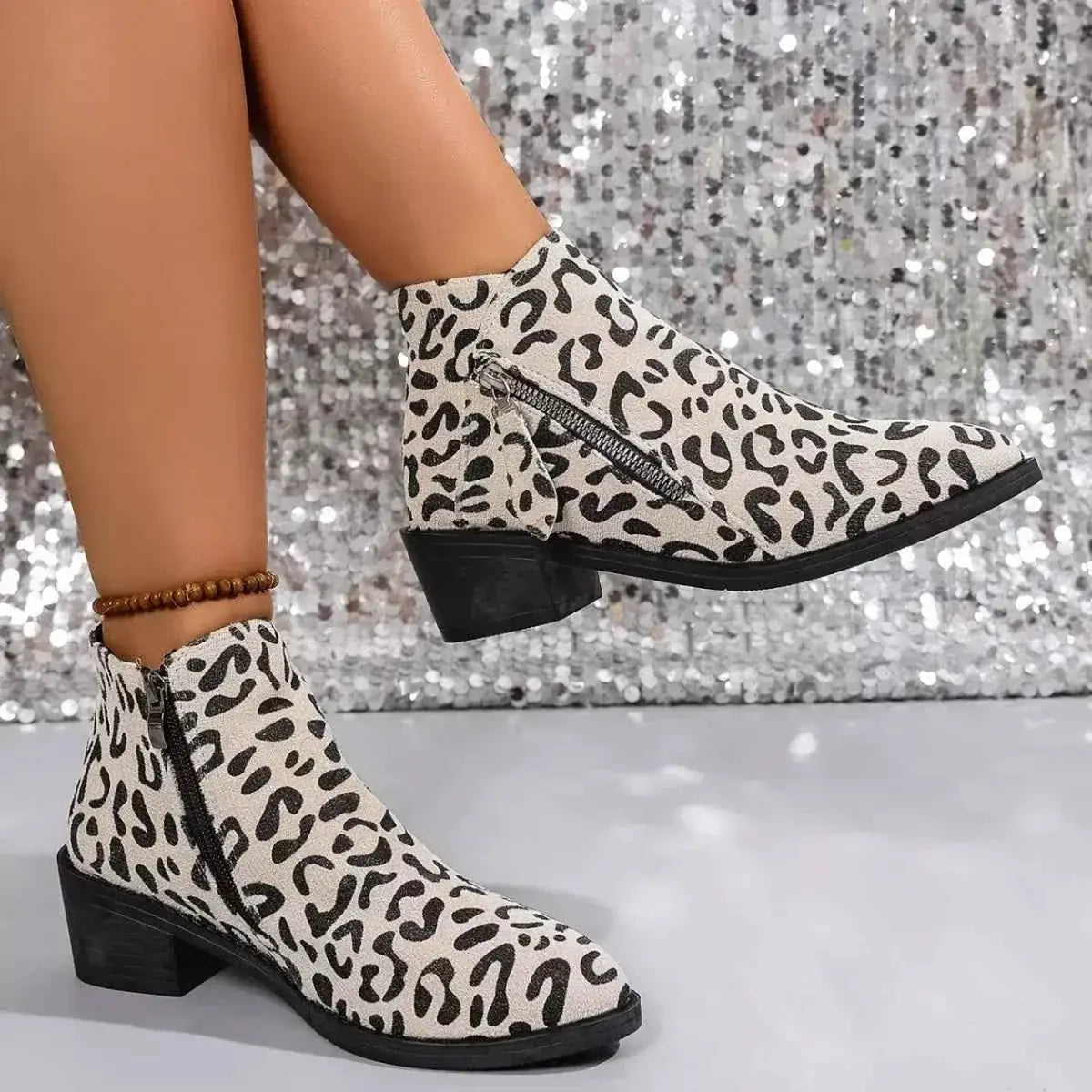 Leopard Block Heel ankle boots in beige suede with black leopard print pattern and side zipper detailing
