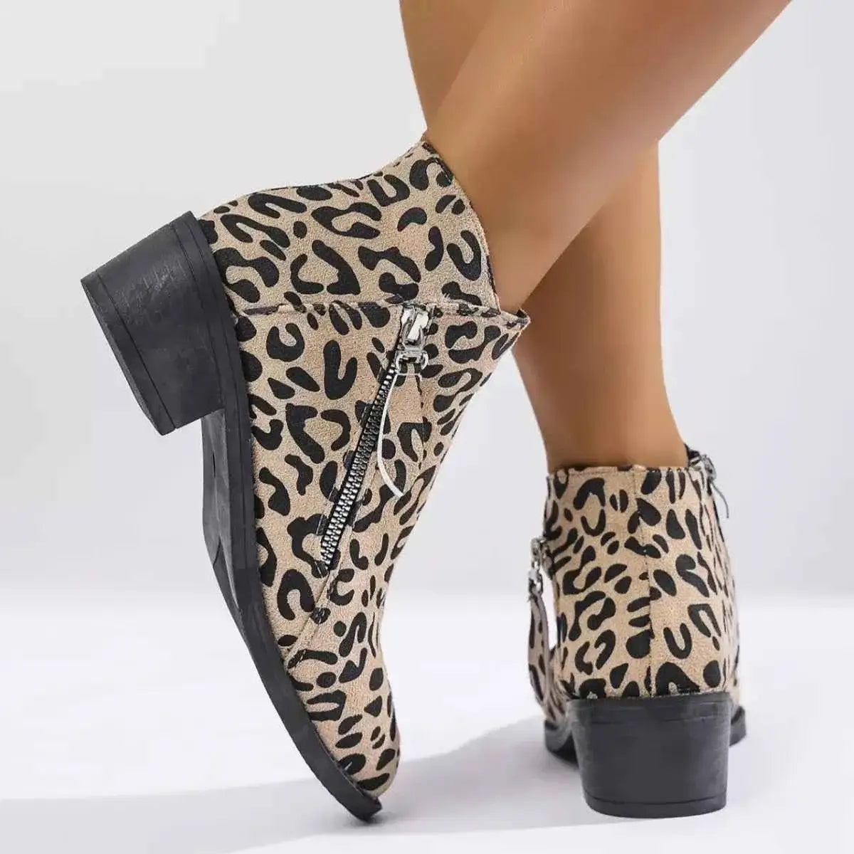 Leopard Block Heel suede ankle boots with black and beige leopard print, side zipper, and mid-height black block heel