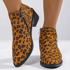 Leopard Block Heel ankle boots in brown suede with black leopard spots and black mid block heels featuring side zippers