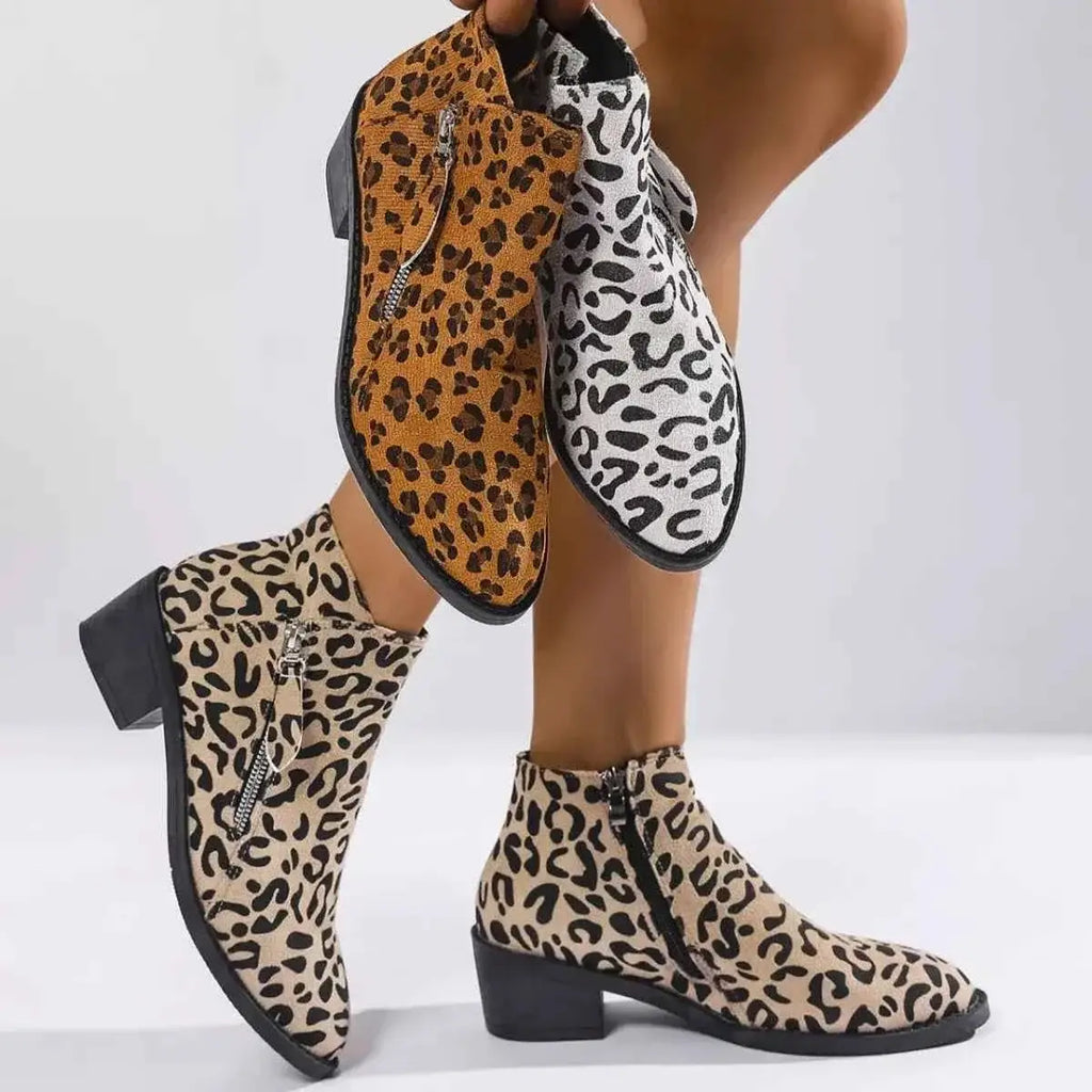 Leopard Block Heel ankle boots in brown, white, and beige suede with black leopard print and mid-height block heels