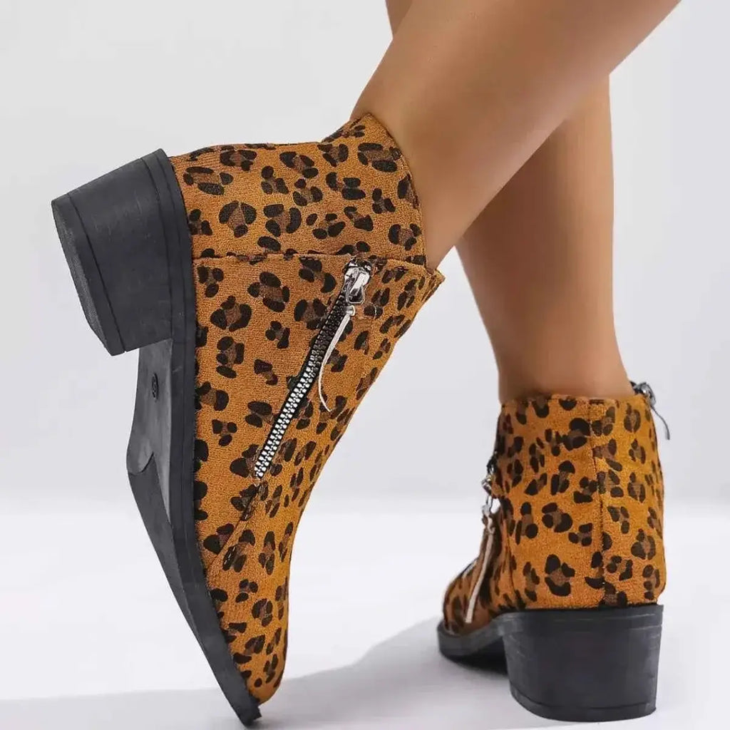 Leopard Block Heel ankle boots in tan suede with black leopard print, silver side zipper, and chunky black mid heel