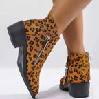 Leopard Block Heel ankle boots in tan suede with black leopard print, silver side zipper, and chunky black mid heel