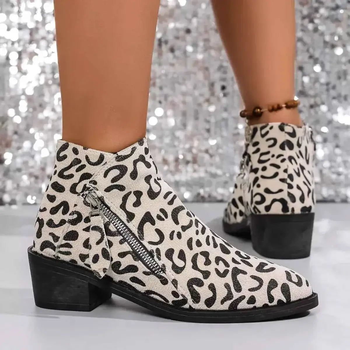 Leopard Block Heel ankle boots in white and black suede with a side zipper and mid block heel design