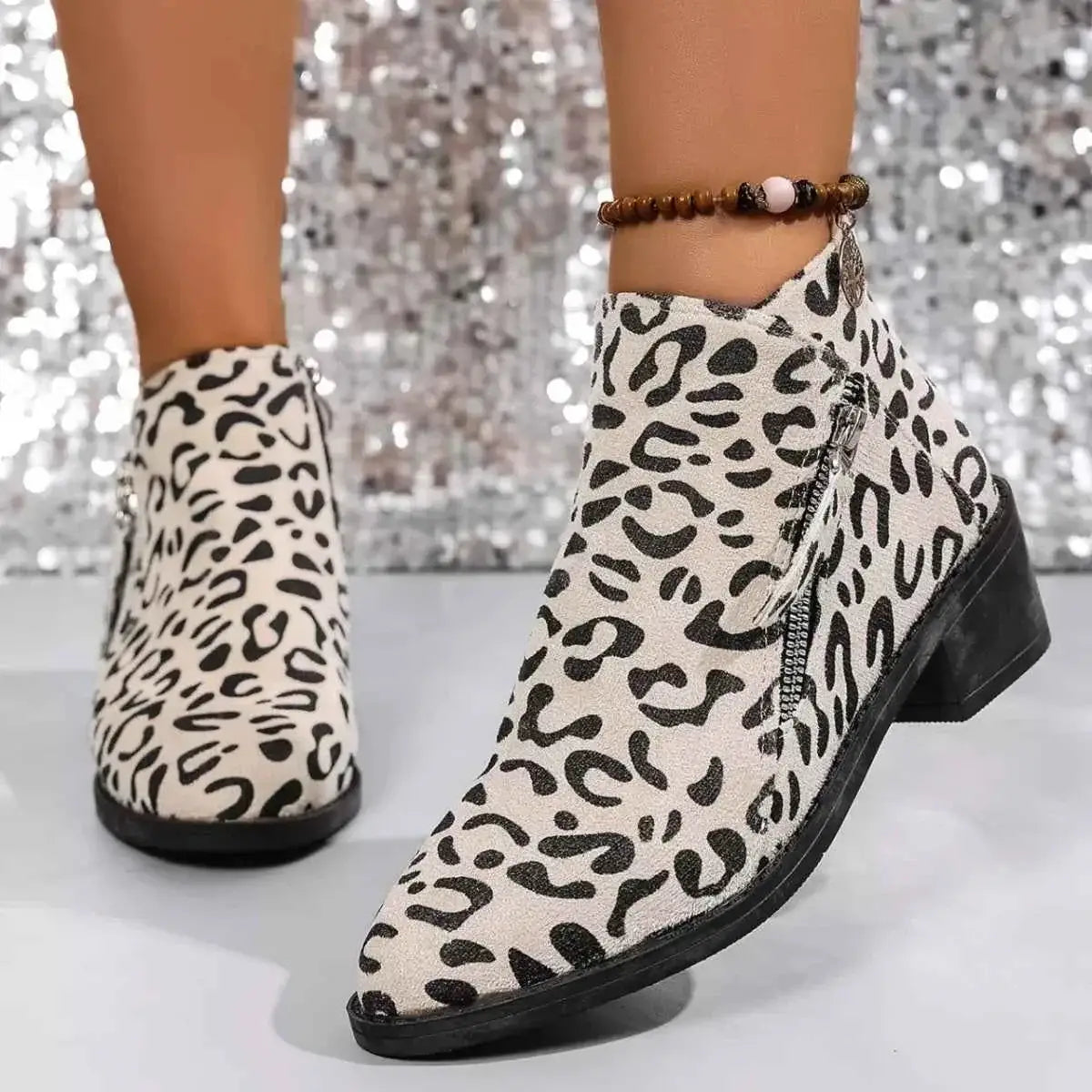 Leopard Block Heel ankle boots in white suede with black leopard print and mid-height block heel, side zipper detail