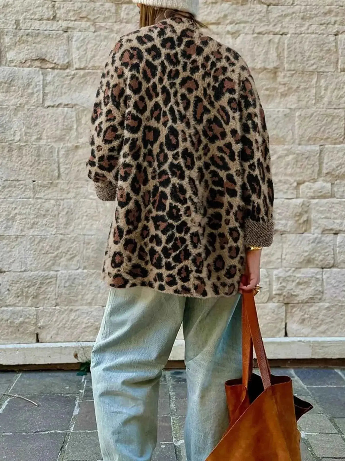 Leopard Open Casual Cardigan in brown and black animal print with long sleeves, cozy knit fabric, and open front design
