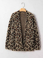 Leopard Open Casual Cardigan in brown and black animal print, pocketed with long sleeves and open front design