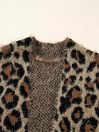 Leopard Open Casual Cardigan in fuzzy knit fabric with brown and black leopard print and a textured knit panel at the opening