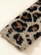Leopard Open Casual Cardigan sleeve in fuzzy beige fabric with black and brown leopard spots pattern and a pocket detail