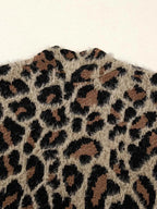 Leopard Open Casual Cardigan featuring a fuzzy texture with a classic brown and black leopard print pattern on a beige background