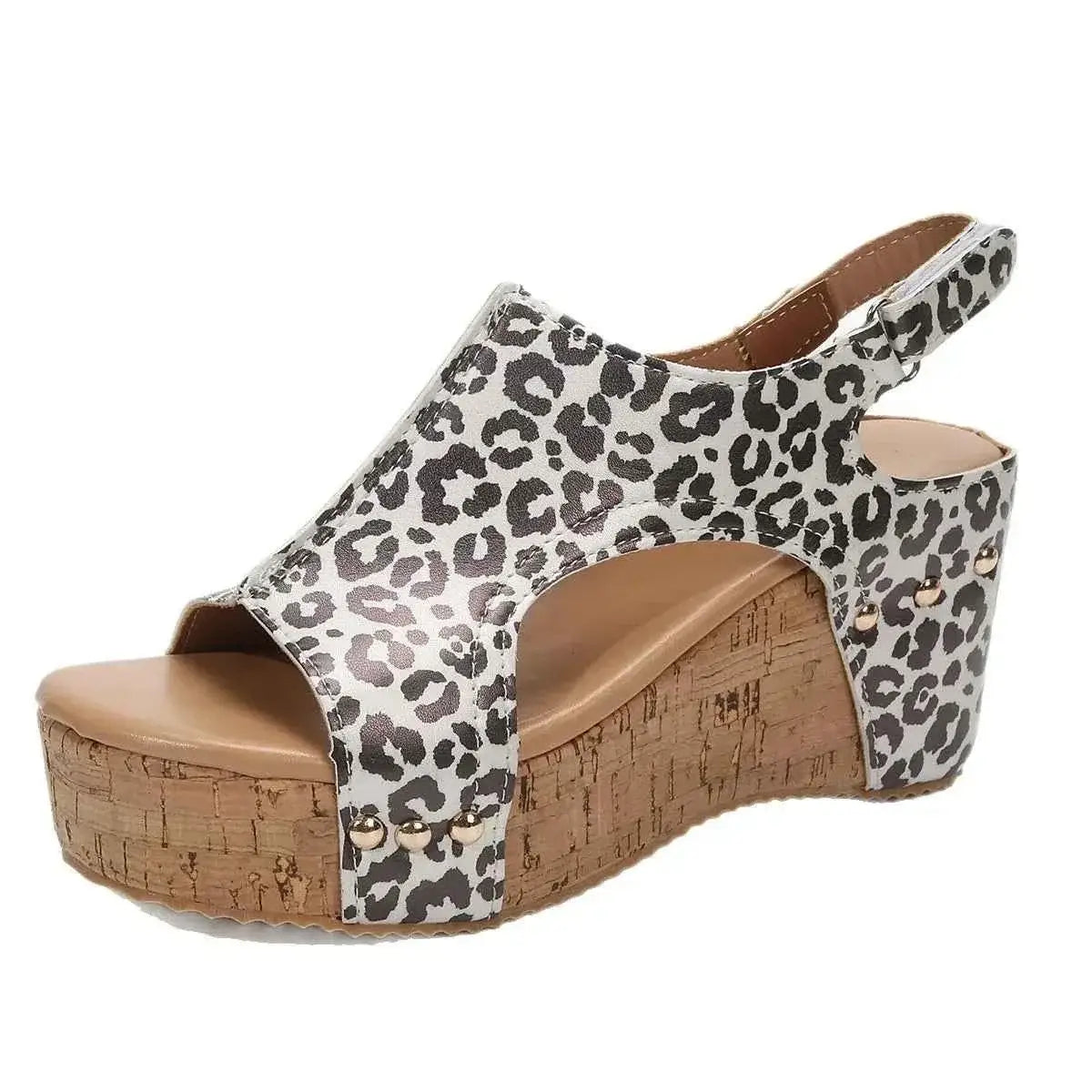 Leopard Peep Toe wedge sandal in black and white leopard print PU leather with cork platform and low heel