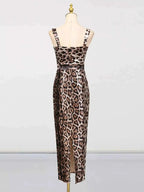Leopard Print Bodycon Back Slit Midi Dress