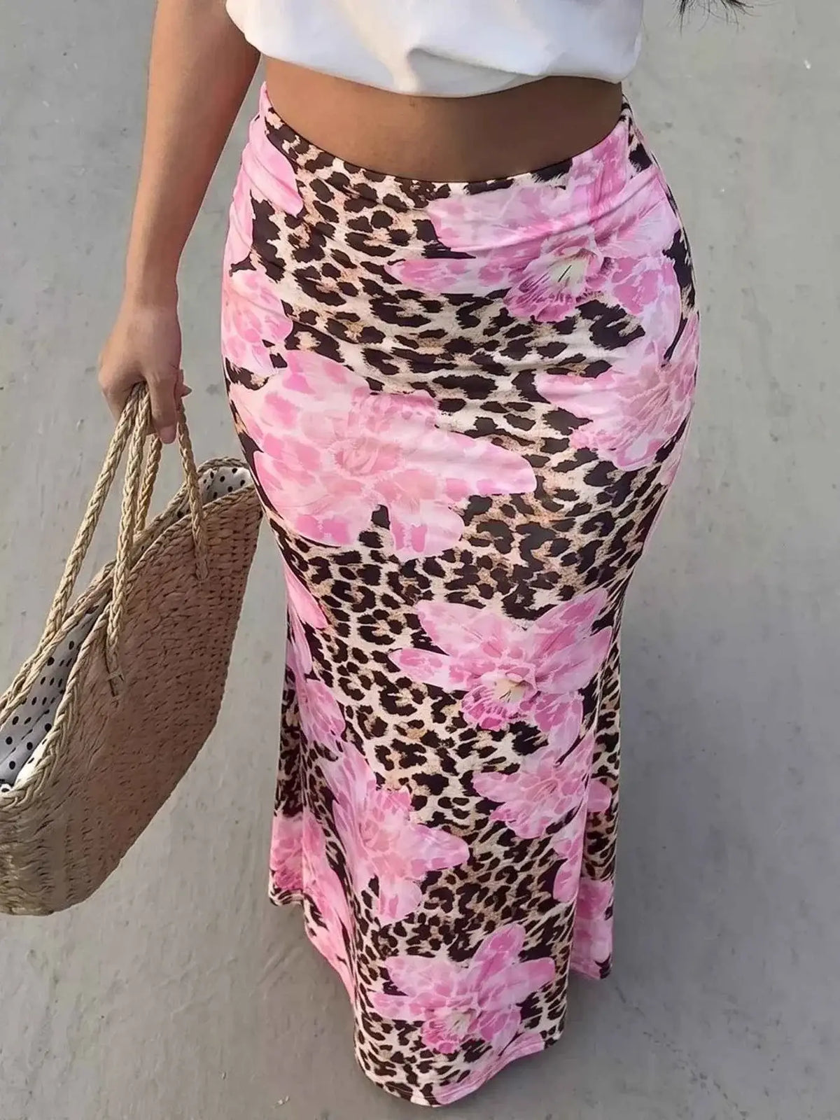 Leopard Print Bodycon maxi skirt in beige with brown leopard spots and large pink floral lace overlays, fitted design
