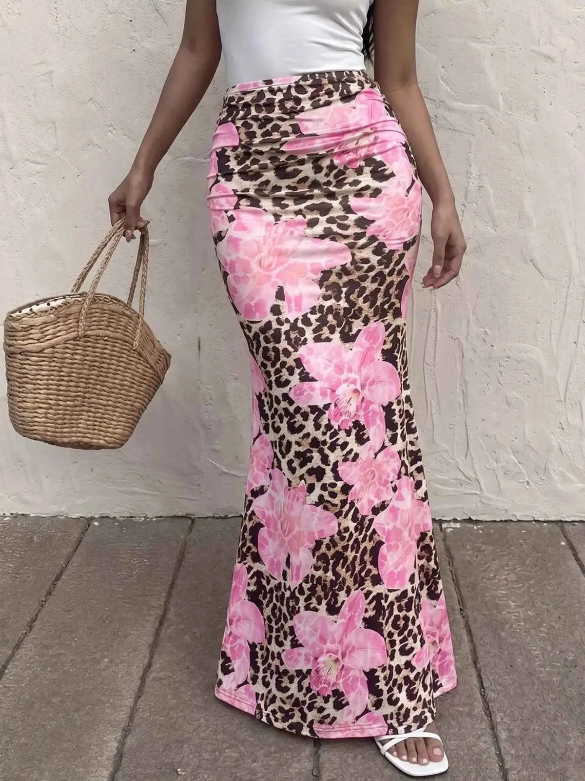 Leopard Print Bodycon maxi skirt with brown and black leopard spots and large pink floral pattern on stretch fabric