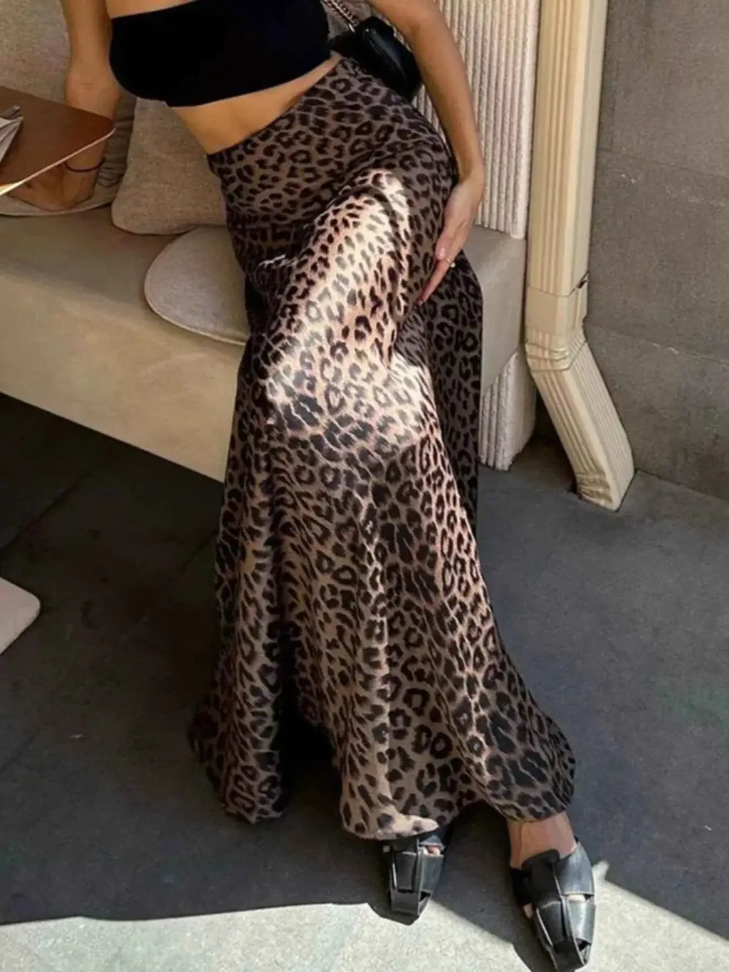 Leopard Print Maxi Skirt in brown and black polyester with a sleek shiny finish and a high waist zipper detail
