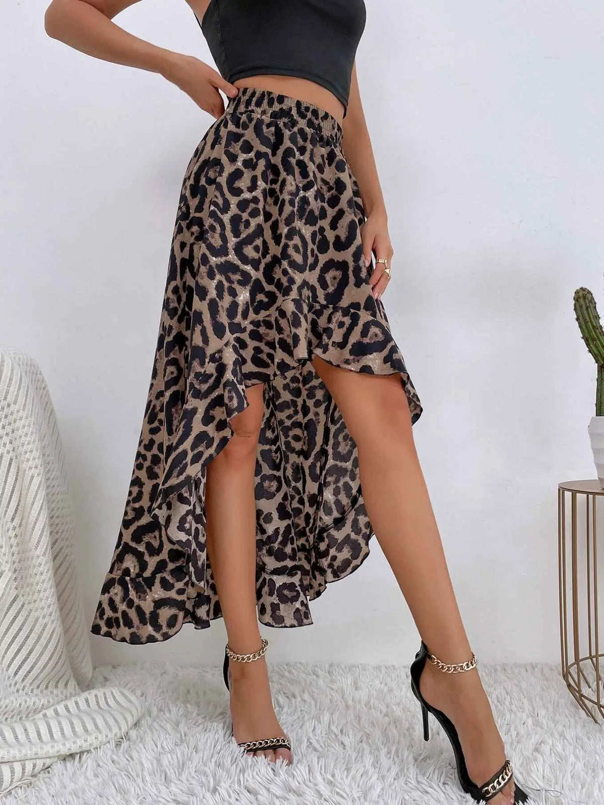 Leopard Print Ruffle Hem high-low skirt in brown and black polyester with asymmetrical hem and elastic waistband